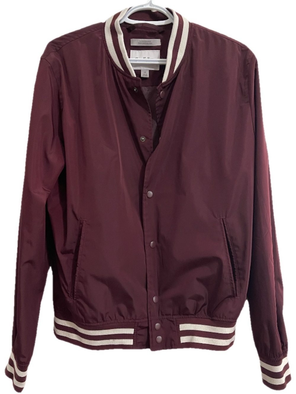 Goodfellow & Co Burgundy Bomber Jacket with Cream Stripe Trim